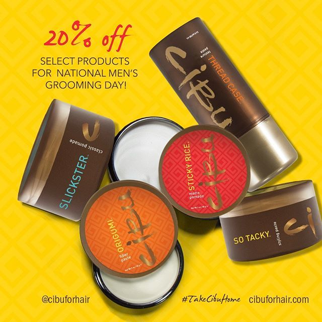 HAPPY NATIONAL MEN'S GROOMING DAY FROM CIBU! 🎉 Enjoy 20% off Sticky Rice, Origumi, Slickster, So Tacky &amp; Thread Case at cibuforhair.com from now until 8/18/19 with code GROOM 💇‍♂️ #TakeCibuHome #NationalMensGroomingDay #Friyay #CibuLove ift.tt/305ViVq