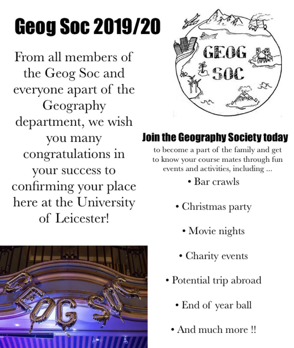 UoL_Geog_Soc's tweet photo. CONGRATUALTIONS FRESHERS on your a level results and welcome to Geog Soc!!π #GeogSoc #universityofleicester @LeicsFreshers @LeicesterGeog https://t.co/MBQeJcp9pu