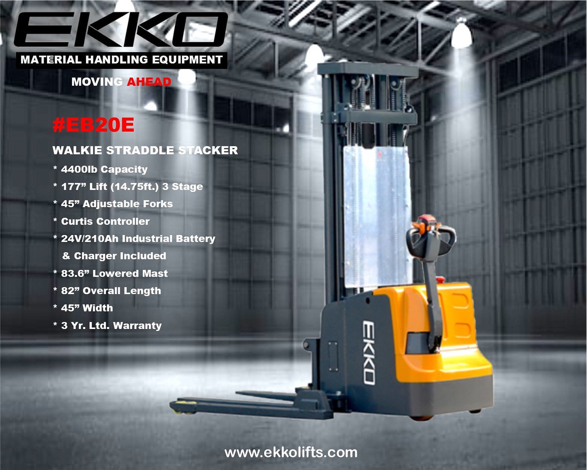EKKOlifts's tweet photo. #EB20E 4400#, 177" Electric Walkie Straddle Stacker is great for 8ft Aisles. https://t.co/WHEJyJileT #materialhandling #materialhandlingequipment #palletstackers #ekkolifts #ekko #forklift #lifttruck #forklifts #lifttrucks #narrow #limitedspace #warehouseequipment #warehouse https://t.co/m4o1ZzIPnM