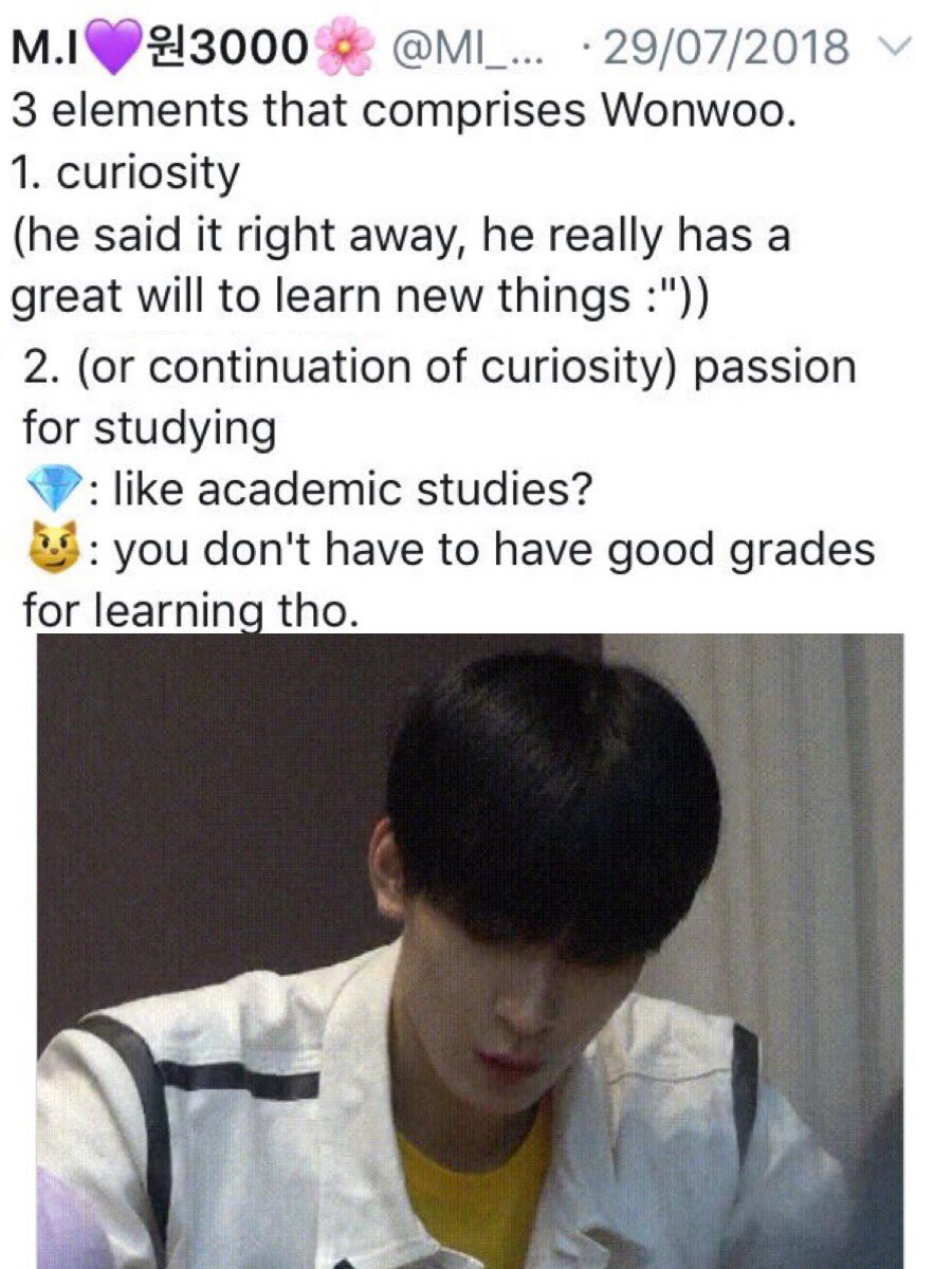 Wonwoo saying that you dont need to strive for good grades to learn, but that you just need curiosity and passion for it. Meaning, wonwoo likes learning for fun > studies. Spoken like a true intellect 