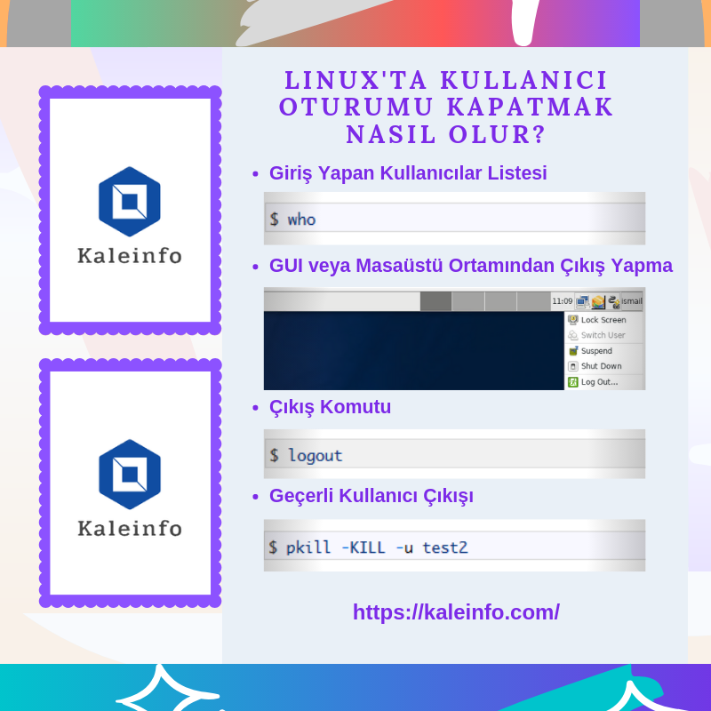 KaleInfoSec's tweet photo. Linux'ta Kullanıcı Oturumu Kapatmak Nasıl Olur? #user #logoff #username #logout #linux #usermod #shadow #passwd #forcibly https://t.co/UWeNXfYSiF https://t.co/vXFtEIfqo4