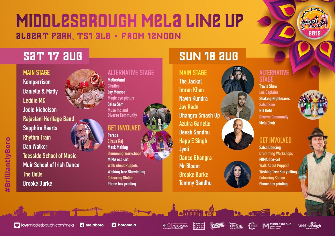 MbroCouncil's tweet image. It's Middlesbrough Mela this weekend! Featuring everything from an amazing opening parade to live music, tasty food, a shopping bazaar, fun fair and loads more, follow @boromela for more info and event updates! 

12 noon to 7pm in Albert Park, have a fab weekend!