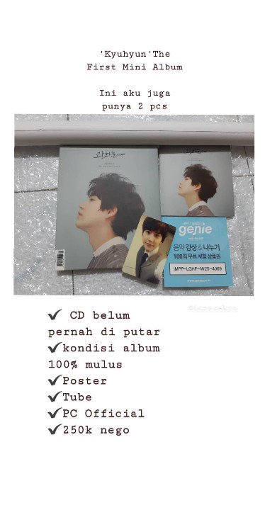 [HELP RT] 
WTS preloved Kyuhyun the first mini album
Keterangan lebih lanjut bisa liat di foto yaa😊
INA ONLY 
Minat/mau tanya2 bisa Lgsg 
WA : 081270089059 
<a href="/SparkyuINA/">Sparkyu Indonesia</a>
<a href="/sellingkpopindo/">ACTIVE ON WEEKEND | 📌</a>
<a href="/kpopsellbuyina/">ACTIVE📌</a>
<a href="/kpoptradeid/">ON RT || Jasa WTS WTT WTB l Spill Produk</a>