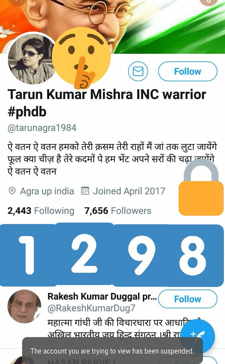 Update No: 🔥1⃣2⃣9⃣8⃣🔥 ✍
@Twitter suspended to @tarunagra1984 for Violation of twitter rules
Team: Bakristan / PhDB
Category: Abuse
Type: Day Dreamer 😂😂😂
🇮🇳👀😁👀🇮🇳
Reported by: 
#ETF_Associates Thanks @TwitterSupport