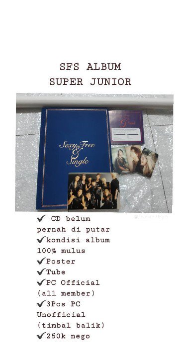 [Please RT] Preloved SFS album Super Junior.
Lengkap, mulus no minuuus 😍
Keterangan lengkap di pict~
INA ONLY 
Minat/mau tanya2 bisa Lgsg 
WA : 081270089059 
<a href="/SparkyuINA/">Sparkyu Indonesia</a>
<a href="/sellingkpopindo/">ACTIVE ON WEEKEND | 📌</a>
<a href="/kpopsellbuyina/">ACTIVE📌</a>
<a href="/kpoptradeid/">ON RT || Jasa WTS WTT WTB l Spill Produk</a>