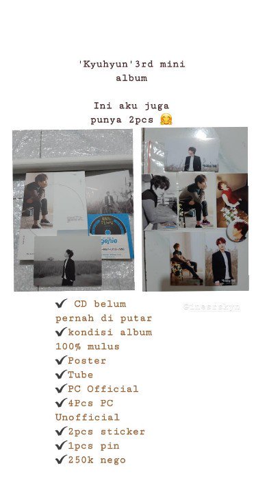 [HELP RT] 
WTS preloved Kyuhyun 3rd mini album
Keterangan lebih lanjut bisa liat di foto yaa😊
INA ONLY 
Minat/mau tanya2 bisa Lgsg 
WA : 081270089059 
<a href="/SparkyuINA/">Sparkyu Indonesia</a>
<a href="/sellingkpopindo/">ACTIVE ON WEEKEND | 📌</a>
<a href="/kpopsellbuyina/">ACTIVE📌</a>
<a href="/kpoptradeid/">ON RT || Jasa WTS WTT WTB l Spill Produk</a>