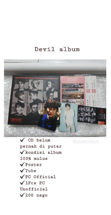 [Please RT] Preloved DEVIL album Super Junior.
Lengkap, mulus no minuuus 😍
Keterangan lengkap di pict~
INA ONLY 
Minat/mau tanya2 bisa Lgsg 
WA : 081270089059 
<a href="/SparkyuINA/">Sparkyu Indonesia</a>
<a href="/sellingkpopindo/">ACTIVE ON WEEKEND | 📌</a>
<a href="/kpopsellbuyina/">ACTIVE📌</a>
<a href="/kpoptradeid/">ON RT || Jasa WTS WTT WTB l Spill Produk</a>