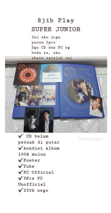 [Please RT] Preloved 8jib Play Super Junior. Aku juga punya 2pcs yg album play ini, dengan cover CD nya dan PhotoCard Official yg berbeda
INA ONLY 
Minat/mau tanya2 bisa Lgsg 
WA : 081270089059 
<a href="/SparkyuINA/">Sparkyu Indonesia</a>
<a href="/sellingkpopindo/">ACTIVE ON WEEKEND | 📌</a>
<a href="/kpopsellbuyina/">ACTIVE📌</a>
<a href="/kpoptradeid/">ON RT || Jasa WTS WTT WTB l Spill Produk</a>