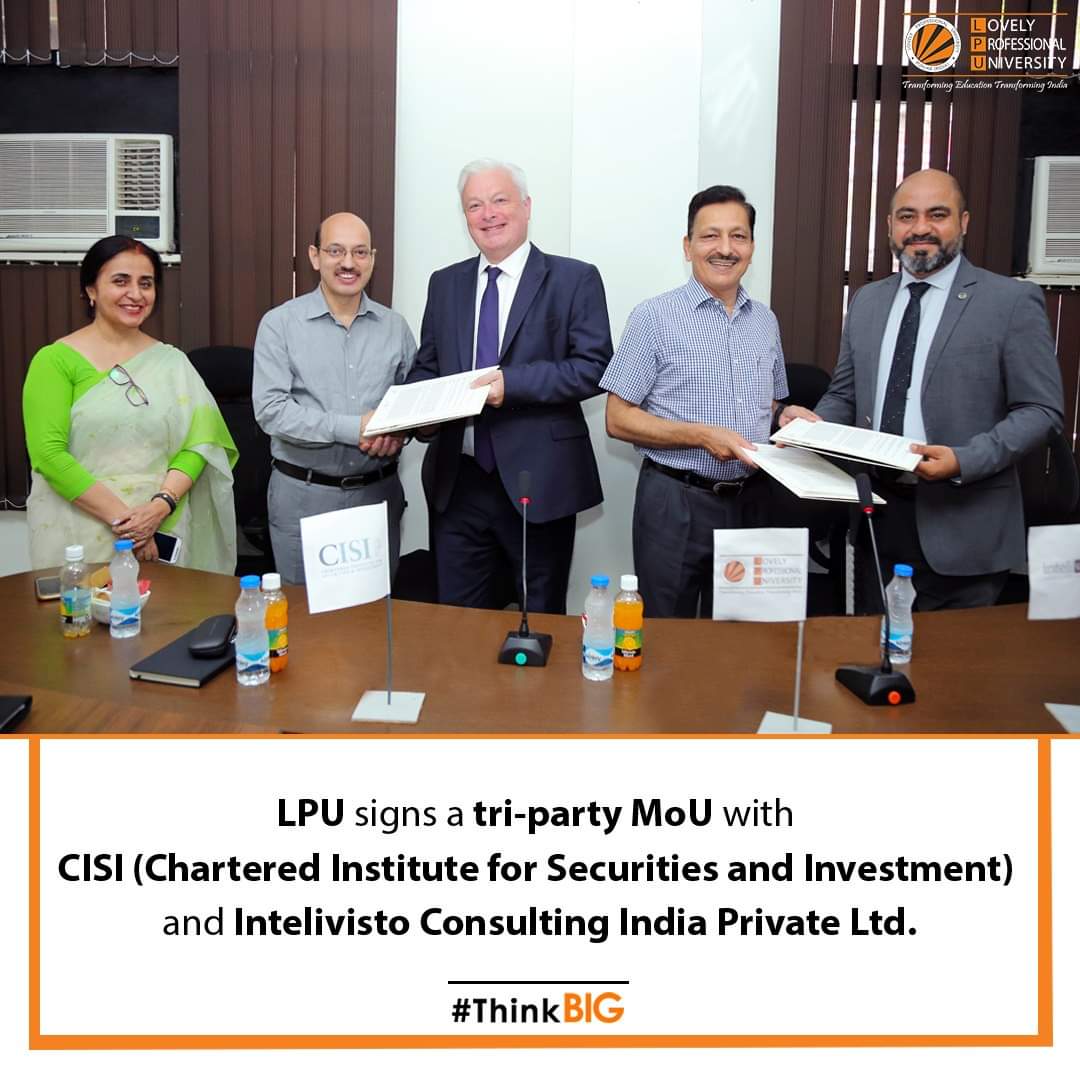 lpuuniversity's tweet photo. #LPU signs a tri-party MoU with CISI (Chartered Institute for Securities & Investment) and Intelivisto Consulting India Private Ltd. The collaboration will yield an enormous amount of career opportunities for our #Business students.
#LPUAcademicTieUPS #CISI #INTELIVISTO #ThinkBIG https://t.co/wlxpUhVF1V