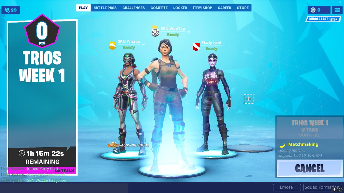 WanTapFN's tweet photo. Nice epic games, waiting 1h in the queue and trying to get some money from the middle east.
i offered that i cant play in any region except the middle east for trios week 1 and now i cant play anything.
@EpicGames @FortniteGame , re-tweets are appreciated. https://t.co/47hj9uo9rO