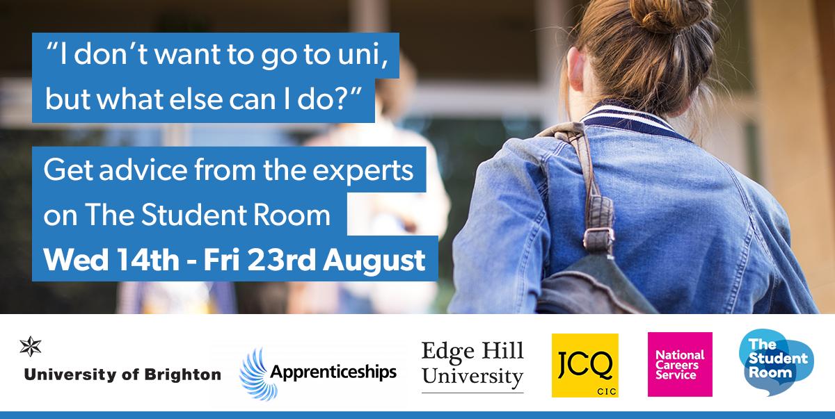 thestudentroom's tweet photo. So you've got your A-level Results, but what next? 🤔
Experts from @NationalCareers @uniofbrighton &amp; MORE are online between 14th - 23rd Aug to help you with your questions about exam results and the steps you can take! ☺️: https://t.co/07nVLGJgVg
#alevelresults2019 https://t.co/49fcrH9ZWJ