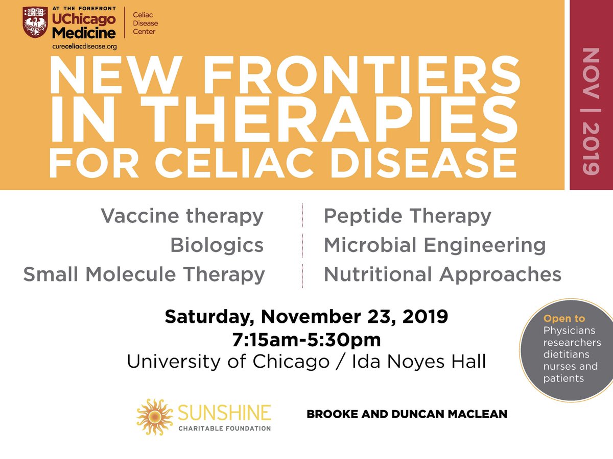 UChiMedFriends's tweet photo. Join @CureCeliac for "New Frontiers in Therapies for Celiac Disease" on November 23 at #UChicago in Hyde Park and learn about the latest research and treatments from @UChicagoMed experts! All are welcome. Register today: https://t.co/YWAZc3Zewo #CeliacDisease https://t.co/1SnpEJVqaw