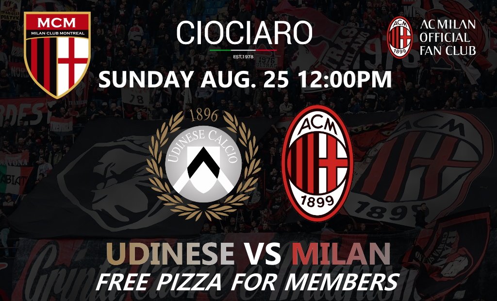 SAVE THE DATE! Join us Aug. 25 for Milan's first game of the new season at <a href="/BarCiociaro/">Ciociaro Bar</a> - Free Pizza and we'll have some raffle prizes to give out. #ForzaMilan
