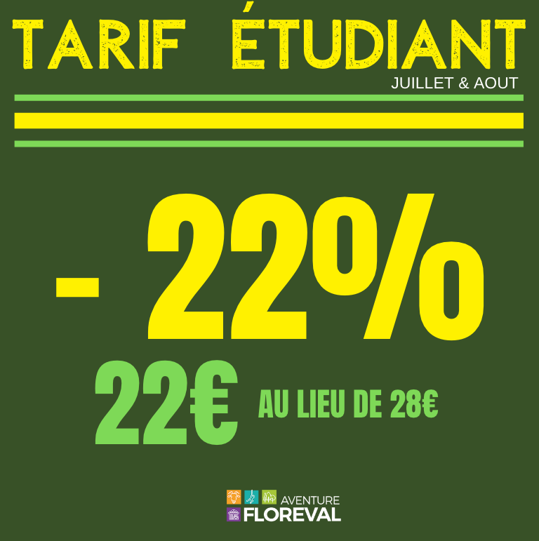 ParcFloreval's tweet photo. 🎁 TARIF ÉTUDIANT 🎁

Tout l'été (juillet &amp; aout), le #parc #aventurefloreval de #bruyereslechatel (91) propose un tarif étudiant :

🆒 22€ (au lieu de 28€) soit une baisse de près de 22% sur présentation en caisse de votre carte d'étudiant !!! 🆒 https://t.co/iSn6n4qCeC