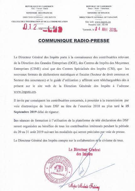 Direction Générale des Impôts Cameroun (DGI) (@dgi_cameroun) on Twitter photo Afin d’assurer la mise à niveau de tous les contribuables à l’utilisation de la plateforme de télé Déclaration Statistique et Fiscale (DSF), le <a href="/DGI_Cameroun/">Direction Générale des Impôts Cameroun (DGI)</a> a prévu des séances de formation à son utilisation pendant la période du 20 au 31 août 2019👉 bit.ly/31FyPij Afin d’assurer la mise à niveau de tous les contribuables à l’utilisation de la plateforme de télé Déclaration Statistique et Fiscale (DSF), le <a href="/DGI_Cameroun/">Direction Générale des Impôts Cameroun (DGI)</a> a prévu des séances de formation à son utilisation pendant la période du 20 au 31 août 2019👉 bit.ly/31FyPij