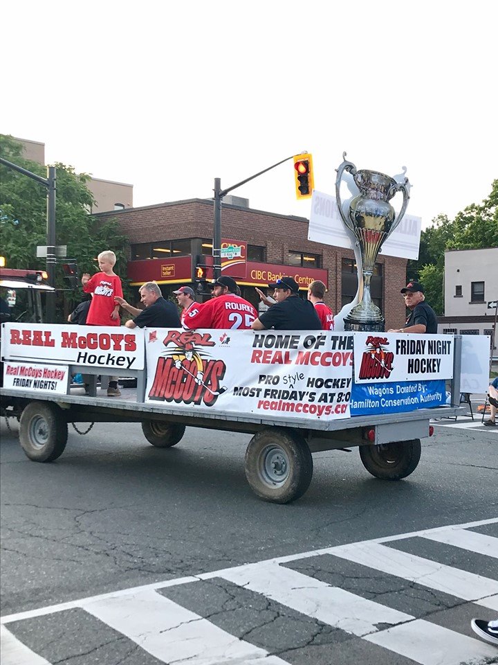 DundasRealMcCoy's tweet photo. Dundas Real McCoys at the annual @CactusFest @CactusParade parade. Thanks to the players and executive who helped out. Some of the players walked the route to collect donations on behalf of the parade committee. https://t.co/d60BO3FzAv