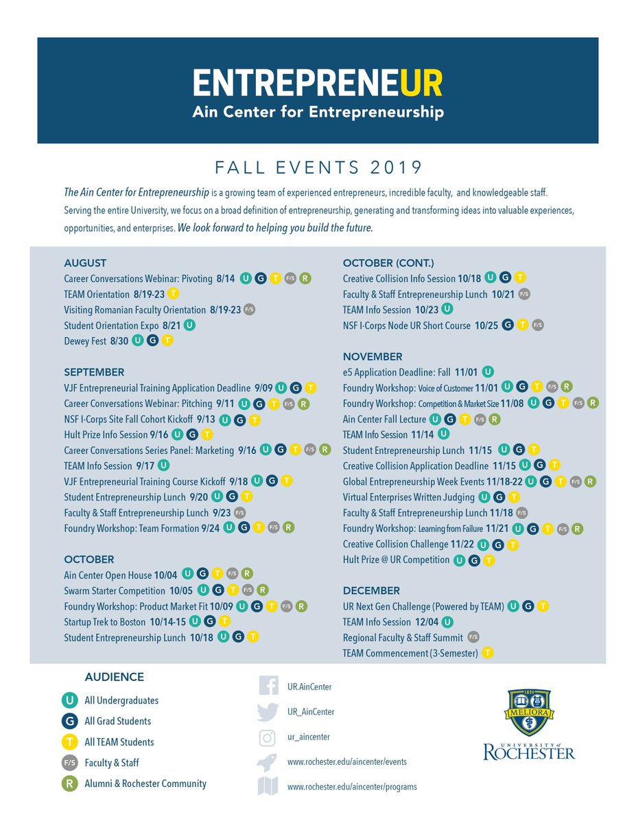 UofR_TEAM's tweet photo. Check it out! The Ain Center Fall Calendar is out! #Entrepreneurship #UniversityofRochester #URentrep https://t.co/ZlxQMbdJzg