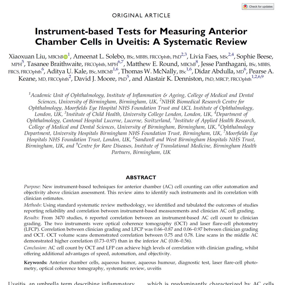 Xiao Liu (@drxiaoliu) on Twitter photo I've been working on a series of reviews to see how we can measure👁️inflammation using imaging/machines, rather than clinicians. With <a href="/Denniston_Ophth/">Alastair Denniston</a> <a href="/lolaeyedoc/">Dr Lola Solebo 💙👶🏾👁️👩🏾💻</a> <a href="/tasbraithwaite/">Dr Tas Braithwaite</a> <a href="/FaesLiv/">Livia Faes</a> <a href="/pearsekeane/">Pearse Keane</a> <a href="/A_U_Kale/">Aditya Kale</a>
The first review is on measuring AC cells bit.ly/2KOsVVd I've been working on a series of reviews to see how we can measure👁️inflammation using imaging/machines, rather than clinicians. With <a href="/Denniston_Ophth/">Alastair Denniston</a> <a href="/lolaeyedoc/">Dr Lola Solebo 💙👶🏾👁️👩🏾💻</a> <a href="/tasbraithwaite/">Dr Tas Braithwaite</a> <a href="/FaesLiv/">Livia Faes</a> <a href="/pearsekeane/">Pearse Keane</a> <a href="/A_U_Kale/">Aditya Kale</a>
The first review is on measuring AC cells bit.ly/2KOsVVd