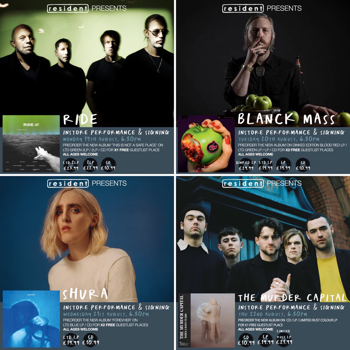 residentmusic's tweet photo. We've got a packed week of in-stores ahead, starting from tomorrow - all of which are gonna be killer!

Catch RIDE, BLANCK MASS, SHURA, &amp; THE MURDER CAPTIAL perform live in the shop - more info over at https://t.co/PEH15H8Laa

@rideox4 @BlanckMass @weareshura @MurderCapital_ https://t.co/yKasqEPC9f