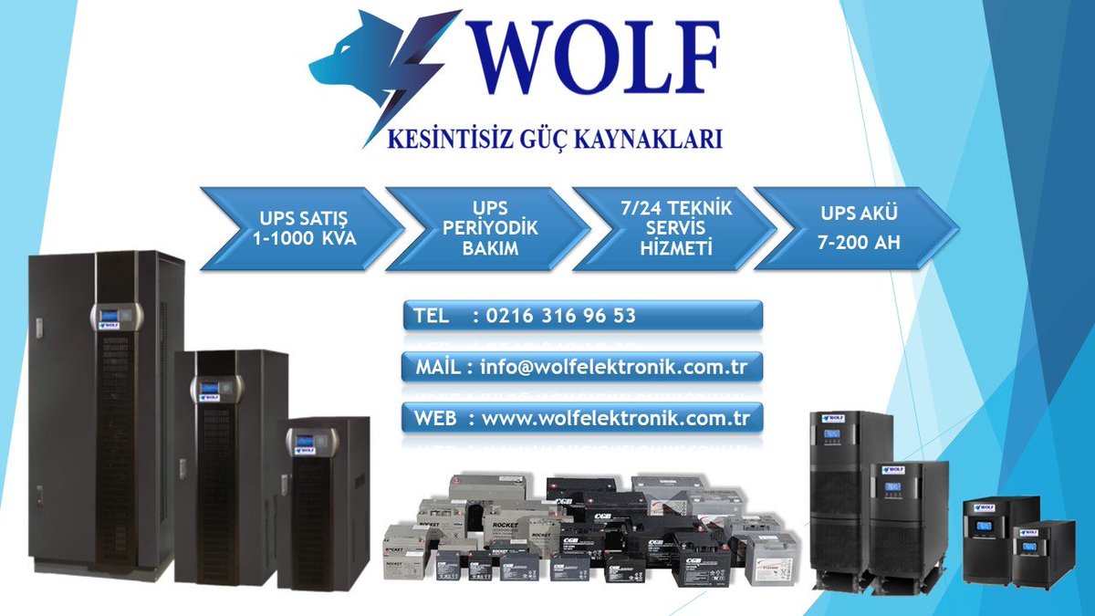 UPS SATIŞ 
UPS BAKIM
 UPS ONARIM
7/24 TEKNİK SERVİS 
UPS AKÜ KAMPANYASI

TEL : +90 (216) 316 96 53

TEL : +90 (553) 756 96 53

MAİL : info@wolfelektronik.com.tr

WEB : wolfelektronik.com.tr 
#UPS 
#uninterruptiblepowersupply
#powersupply
#kesintisizgüçkaynağı
#kesintisizenerji