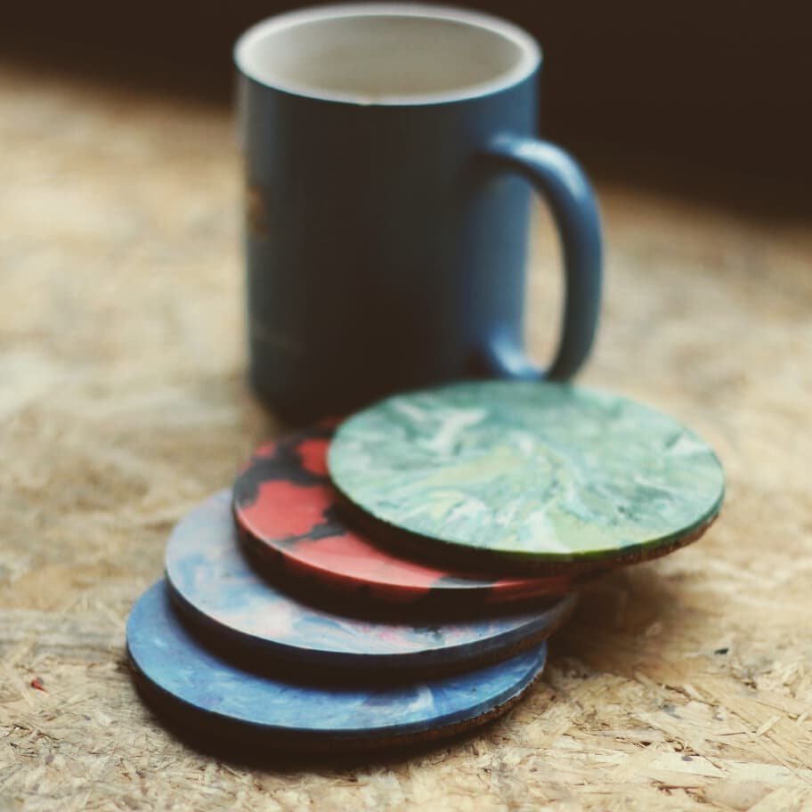 Zero waste coasters, made from used waste plastic! Created by using a 3D printed shape and melting used plastic into the silicon mould! Amazing colour effects and a great way to use plastic waste. #zerowaste #3dprintshop #the3dprintshop #siliconmould #coaster #productdesign