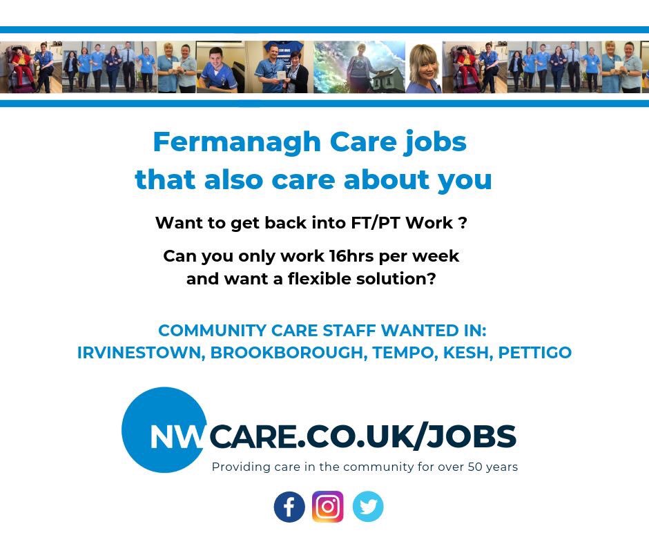 NWCareNWRec's tweet image. Kids going back to school? Want to make a difference to the community in County Fermanagh and be rewarded for it. NW Care Northern Ireland have job opportunities that might suit your work/life balance

Apply here: nwcare.co.uk/job/118 #Fermanagh #NWCare #WesternTrust