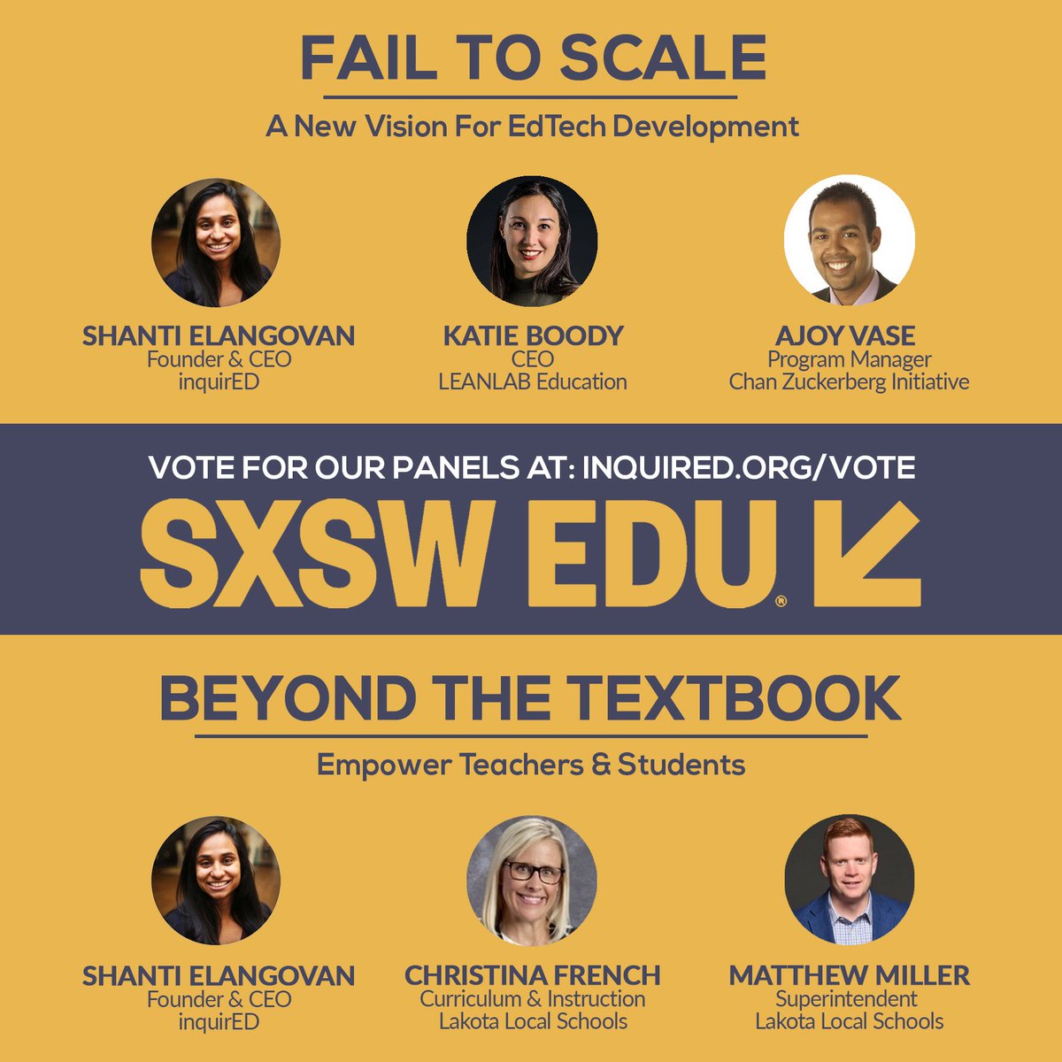 We need your help!

We are submitting TWO panels for @SXSWEDUthis year. 

We are co-presenting with some amazing people! <a href="/LakotaSuper/">LakotaSuper</a> @LakotaElemLearn <a href="/ChanZuckerberg/">Chan Zuckerberg Initiative</a> <a href="/KatieBoody/">Katie Boody Adorno</a> and @LEANLABed 

You can help us out by voting for our panels at: inquired.org/vote