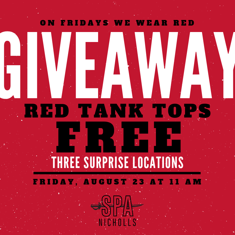 nicholls_spa's tweet photo. On Fridays we wear red! Make sure you check our social media pages next Friday to see where you can snag your FREE red Nicholls tank top! #nichollsspa #colonelfest #redoutfriday https://t.co/5of16o7H9y