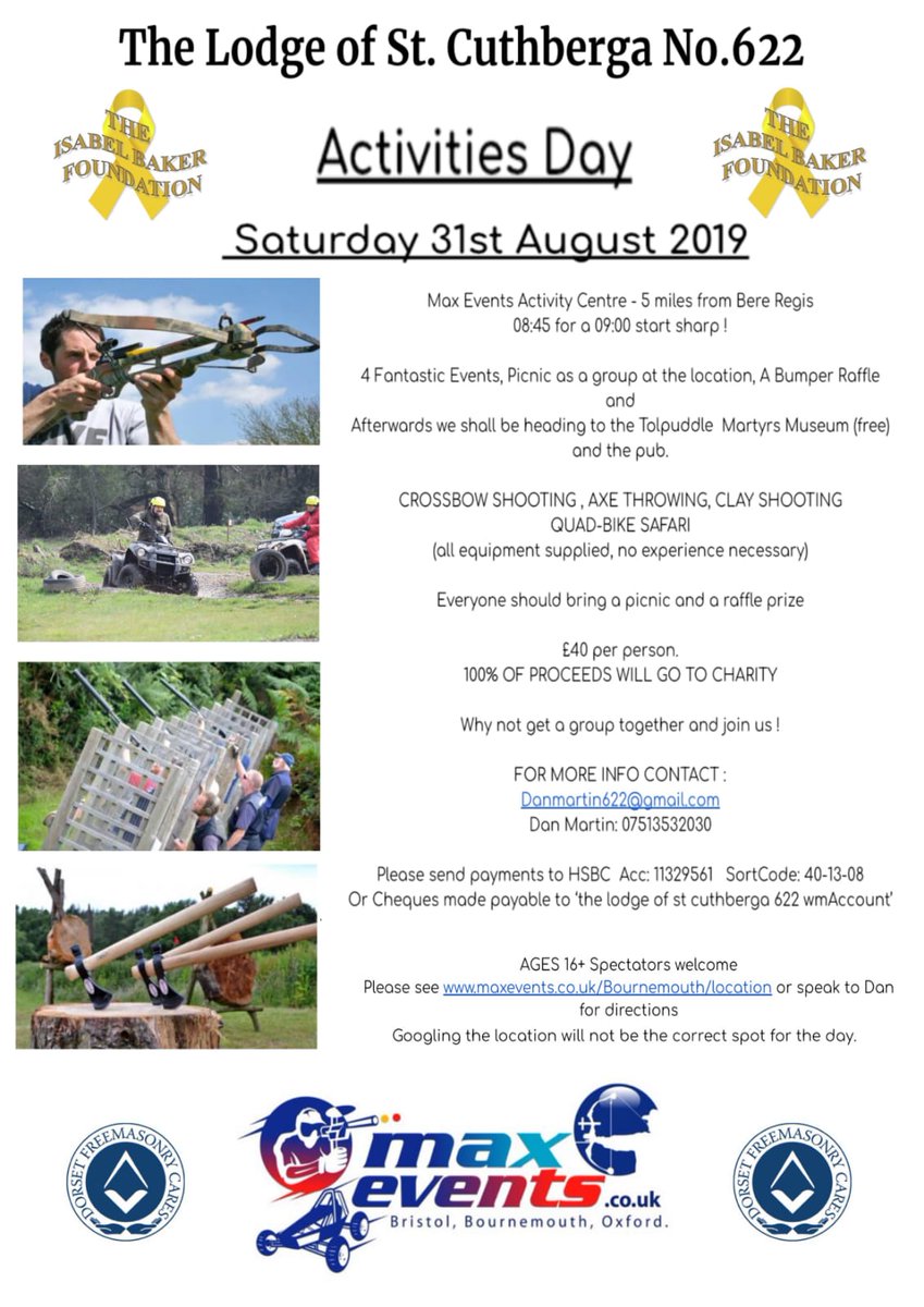 622Cuthberga's tweet photo. Only two weeks until our lodge activity day. Four great activities for a fantastic price. Full details on attached poster. #Freemasons, family and friends welcome. Other Provincial teams also welcome 👍🏻

Book now @diddlesforever

All proceeds to @theisabelbaker 
#MaxEvents https://t.co/Iq0WqvDihk