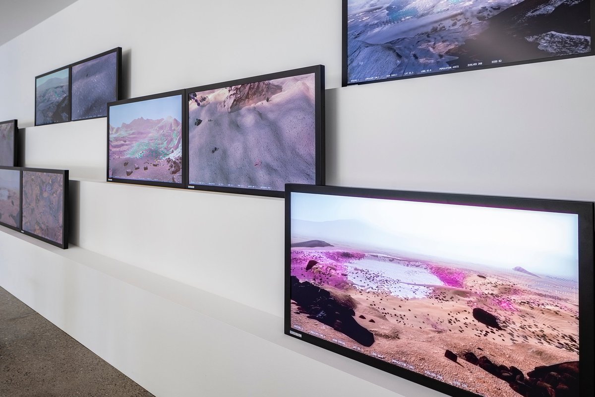 daisyginsberg's tweet photo. The Wilding of Mars at Vitra Design Museum @VDM_News, part of @daisyginsberg show, #BetterNature. Imagining a wilderness on Mars growing over a million years -without humans - 2 parallel simulations run across 12 screens, supported by @Distec_DE. Go see! https://t.co/begG73yRU5 https://t.co/a73CgNnvng