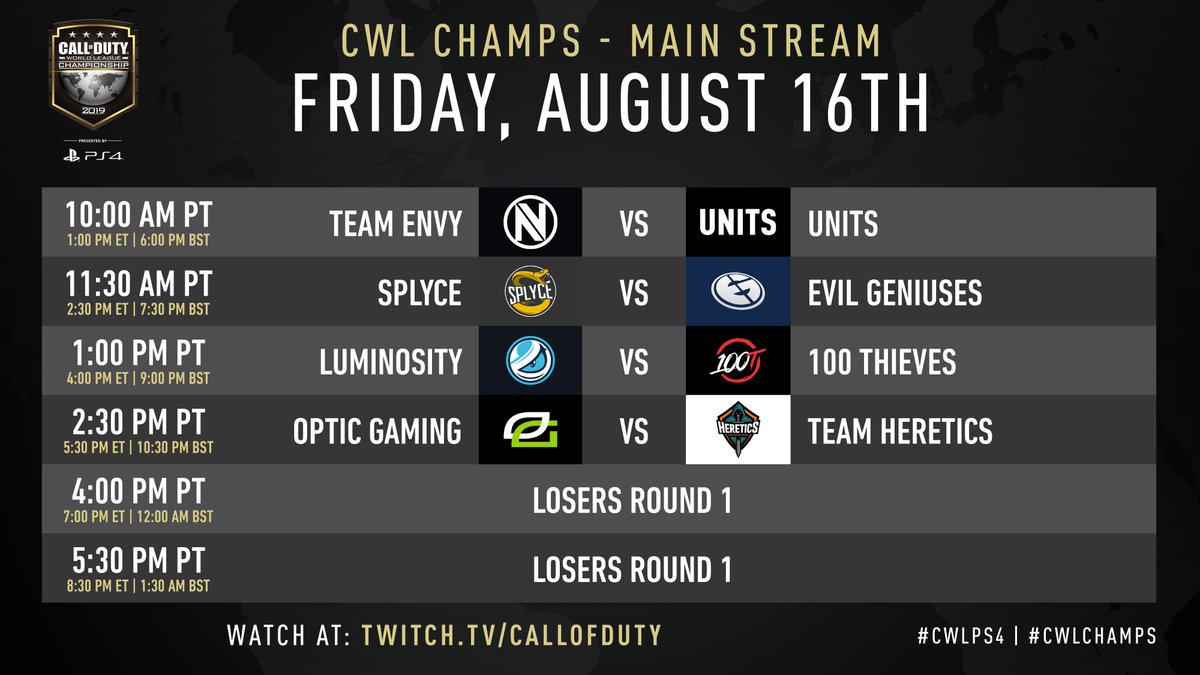 CODLeague's tweet photo. It’s the start of bracket play at CWL Champs 2019, check out today's match schedule for the 16 remaining teams! https://t.co/NKHQSgV6Gh

Stream start time:
🕙 10am PT
🕐 1pm ET
🕕 6pm BST
🕖 7pm CEST

#CWLPS4 | #CWLChamps https://t.co/bfGe6IbyGf