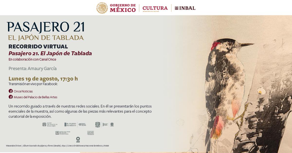 mbellasartes's tweet photo. Si quieres conocer más sobre la exposición "Pasajero 21. #ElJapónDeTablada" te invitamos a seguir nuestra transmisión en vivo por #facebook en colaboración 
💻con @OnceNoticiasTV  este lunes 19 de agosto a las 17:30 h 📲 https://t.co/5pLHIgspNU https://t.co/1wLpFmOn8M