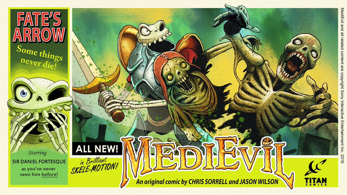 GunnWriter's tweet photo. ‘MediEvil: Fate’s Arrow.’ 
@Trepan (Chris Sorrell) and I are delighted to announce that our prequel/sequel story to the original MediEvil will be released as a hardback book by @ComicsTitan with @playstation this Halloween! Here’s a peak at the art. #medievil https://t.co/TNWA9CiEPM