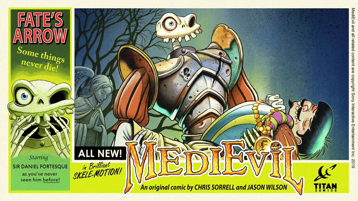 GunnWriter's tweet photo. ‘MediEvil: Fate’s Arrow.’ 
@Trepan (Chris Sorrell) and I are delighted to announce that our prequel/sequel story to the original MediEvil will be released as a hardback book by @ComicsTitan with @playstation this Halloween! Here’s a peak at the art. #medievil https://t.co/TNWA9CiEPM