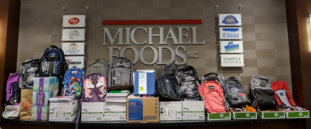 MichaelFoods's tweet photo. Michael Foods supplies schools with eggs, potatoes and French toast, helping kids focus throughout the day.  We are also helping kids start off their year right with a $1,000 donation to the Caring for Kids Grant, plus a host of school supplies donated by employees.#makeadiff https://t.co/nBAJP7uReU