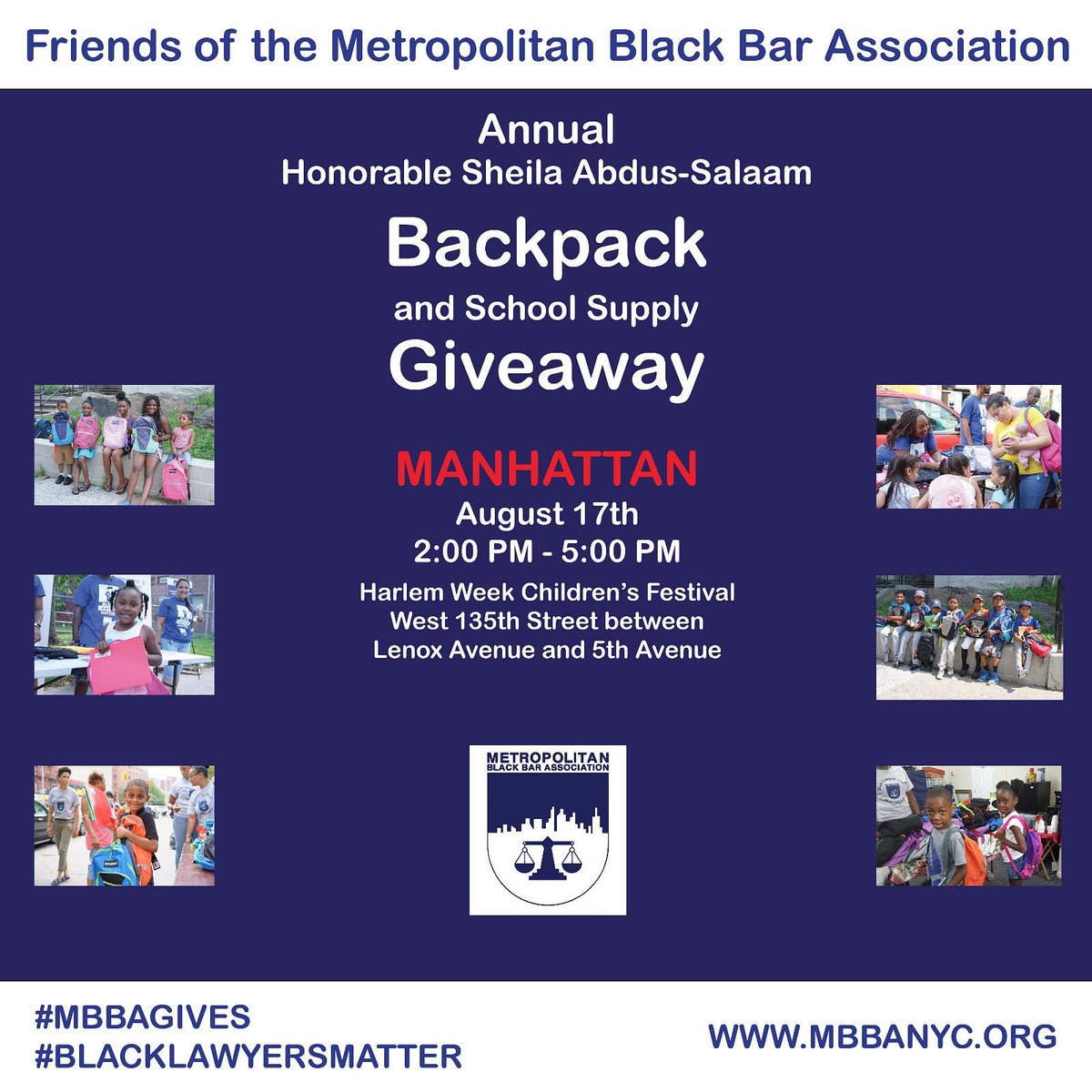 jasonmylesclark's tweet photo. This Saturday, @MBBANYC (through our charitable arm) will be giving away 1,250 backpacks filled with school supplies in every borough in New York. Here are the details for our Manhattan giveaway #mbba #mbbagives #IamASolution #backtoschool #harlemweek https://t.co/ClhQb4EW0v