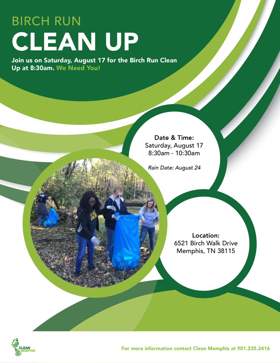 Help 💚 Green Up Memphis 💚 this weekend by joining us tomorrow for the Birch Run Clean up from 8:30am - 10:30am.

Visit givepulse.com/event/120115 for more information and to register.