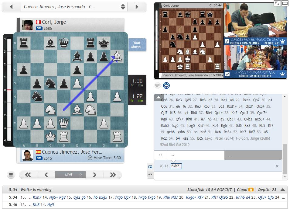chess24com's tweet photo. When a 2686-player "unleashes" a novelty, 12...Nb4?? (he played 12...Nxd3+ vs. Leko a couple of weeks ago), that loses on the spot! Will Pepe dare to believe 13.Bxh7+! works!? https://t.co/mYvtDev9Hw #c24live https://t.co/afh2Oyvvyh