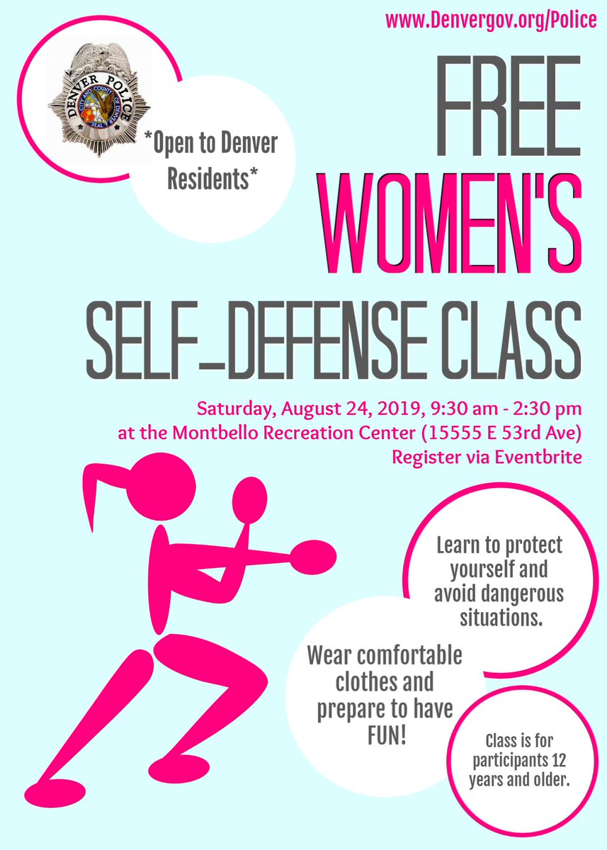 DenverPolice's tweet photo. Hey, #Denver -- we're hosting a free women's &amp; girls' self-defense class. This one-day course is open to Denver residents ages 12+. You'll learn the art of self-defense known as Krav Maga and have some fun. Register today at https://t.co/VcVfNTHXuy *Space is limited.* https://t.co/guGgSRlFx6