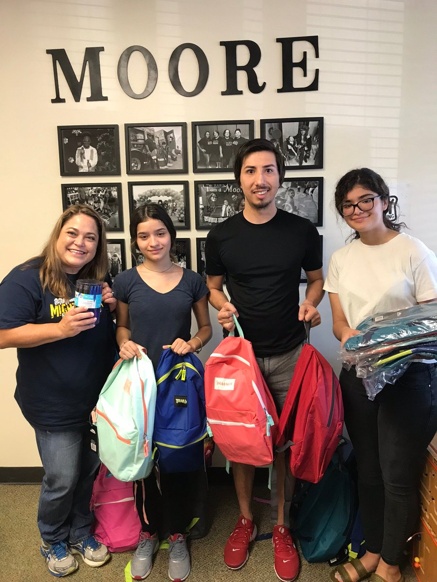 MooreElementary's tweet photo. We would like to give a special "shout-out" to Frankie Martinez and former Moore students, Aaliyah and Alyssa Loosa!!  They donated several new backpacks filled with school supplies and pens for our staff.  #MooreMightyHawksRock  #PISDRocks https://t.co/GxYsVekuol