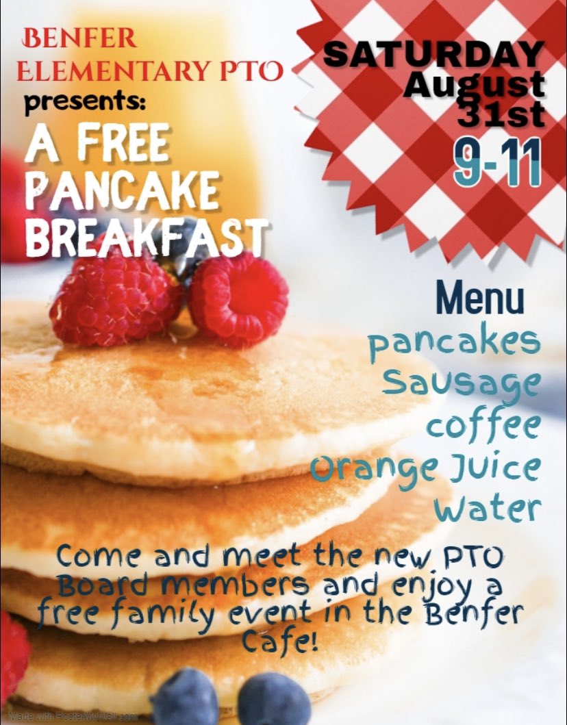 BenferPto's tweet photo. We hope you can join us for a FREE PANCAKE BREAKFAST hosted by the Benfer PTO on Aug 31 from 9-11am!🥞 https://t.co/cgKf4I1JYW