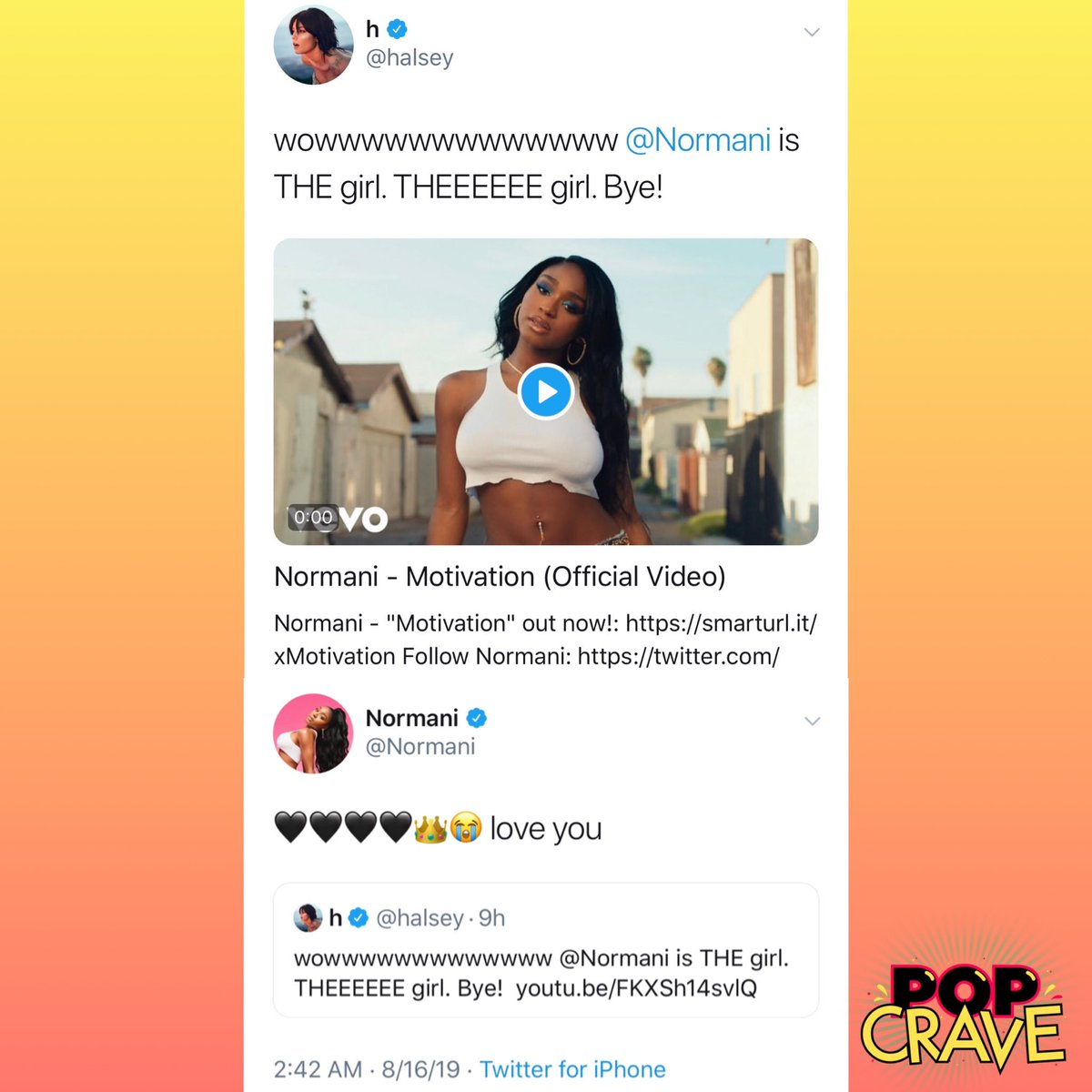 . @Halsey shows love for  @Normani and her  #Motivation music video:“Normani is THEEEEEE girl.”