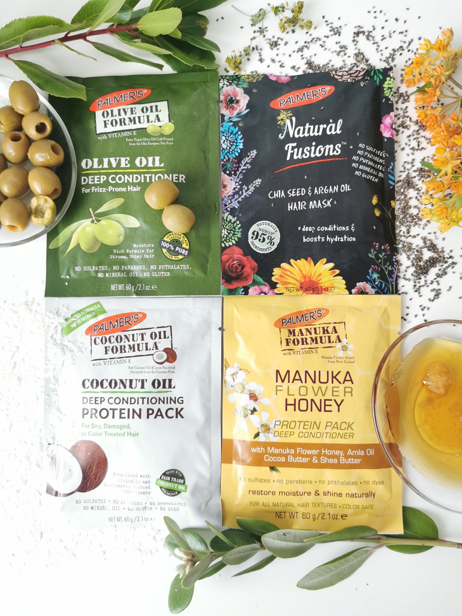 PalmersUK's tweet photo. "AD | I have been loving these @palmersuk deep conditioners:
Olive Oil with Jamaican Black Castor oil.
Natural Fusion Chia Seed & Argan oil.
Coconut Oil with Monoi oil & Keratin protein.
Manuka Flower Honey with Alma oil, Cocoa & Shea butters." - @shahnazislam_
#Queensofnature https://t.co/yAqJsiFdOZ