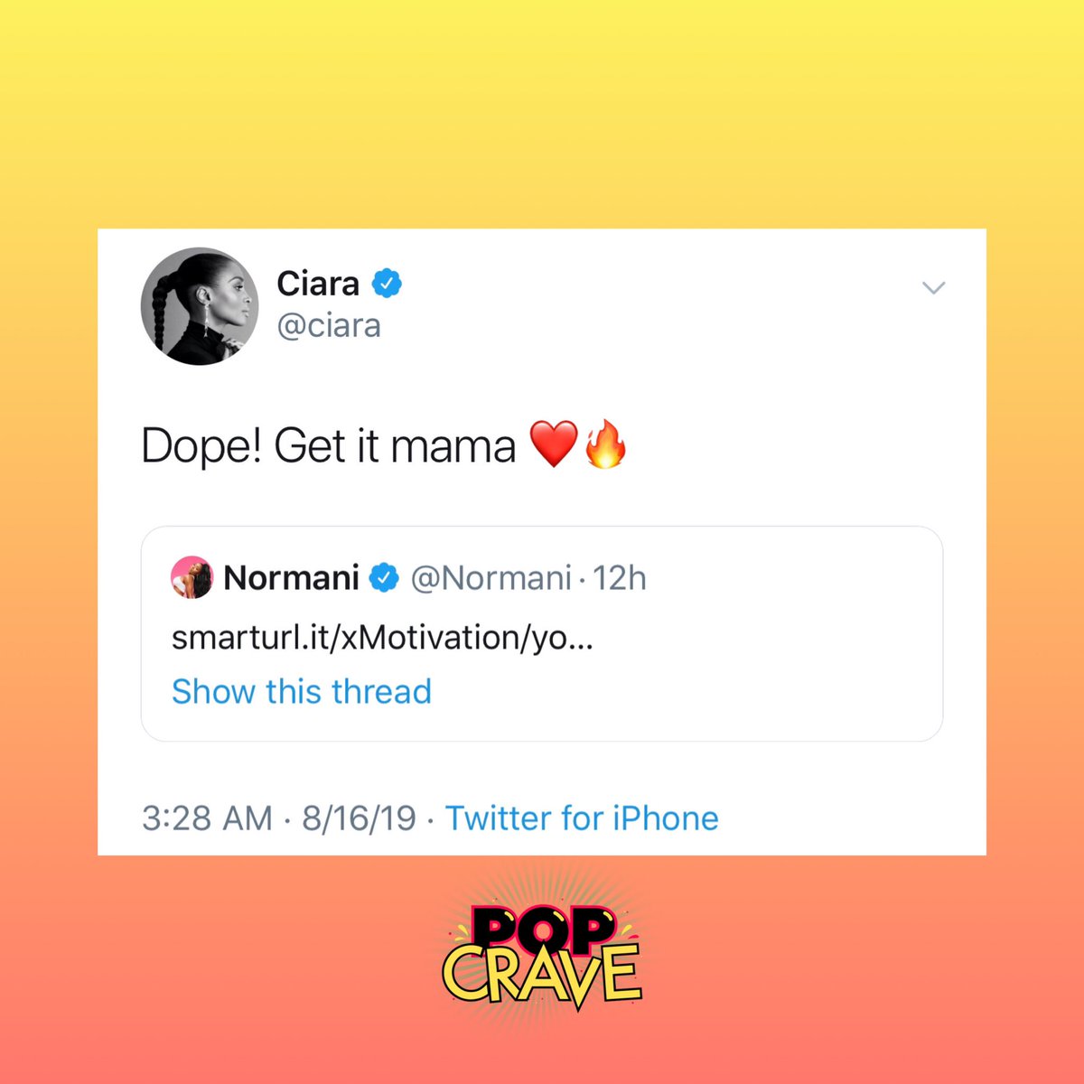 . @Normani’s childhood idol  @Ciara shows love to her and the  #Motivation music video on Twitter. 