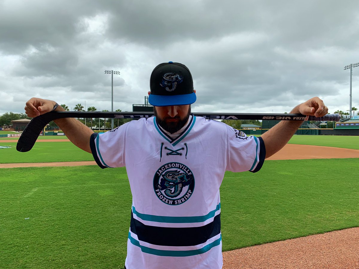 JaxShrimp's tweet photo. One week from tomorrow (Saturday, August 24) we take the ice errrr field as the Jacksonville Frozen Shrimp as a nod to our neighbors &amp; buds the @JaxIcemen 

Jerseys will be auctioned off during the game. Hats will be for sale in our souvenir store. 
#OldTimeHockey #LaceEmUp https://t.co/KF0Eo4qWoh