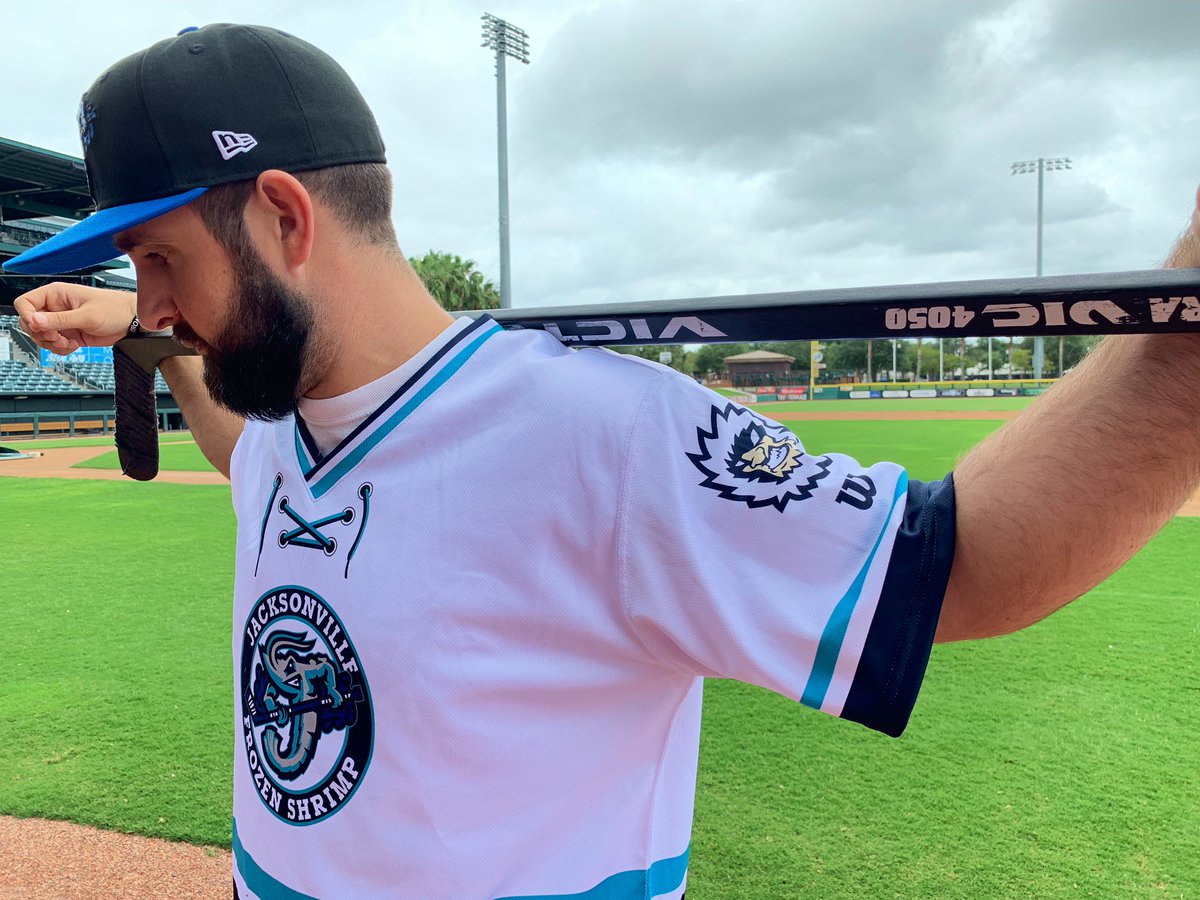 JaxShrimp's tweet photo. One week from tomorrow (Saturday, August 24) we take the ice errrr field as the Jacksonville Frozen Shrimp as a nod to our neighbors &amp; buds the @JaxIcemen 

Jerseys will be auctioned off during the game. Hats will be for sale in our souvenir store. 
#OldTimeHockey #LaceEmUp https://t.co/KF0Eo4qWoh