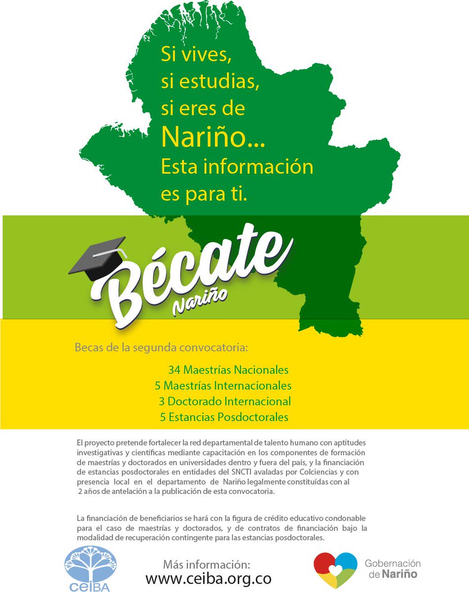 FundacionCEIBA's tweet photo. Pronto se abrirá la segunda convocatoria del programa Becate, estén atentos! #Becate #Becas #Nariño #Maestría #Maestrías #Doctorado #Doctorados #PHD
@narinotic @gobnarino https://t.co/gmG3jjQdiP