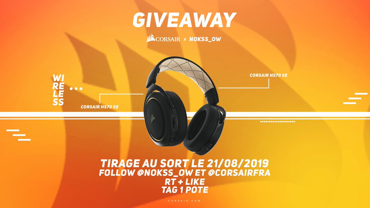 NokSs_OW's tweet photo. 👽 #GIVEAWAY 👽

Avec mon partenaire @CORSAIRFRA on a décidé de vous faire gagner un nouveau cadeau... Cette fois-ci ce sera le Corsair HS70 SE WIRELESS ! 
Pour tenter de le remporter il te faut :

- RT &amp; LIKE ce tweet
- Follow @CORSAIRFRA &amp; @NokSs_OW
- Tag un ami ! 

TAS : 21/08 https://t.co/kXx3CKF512
