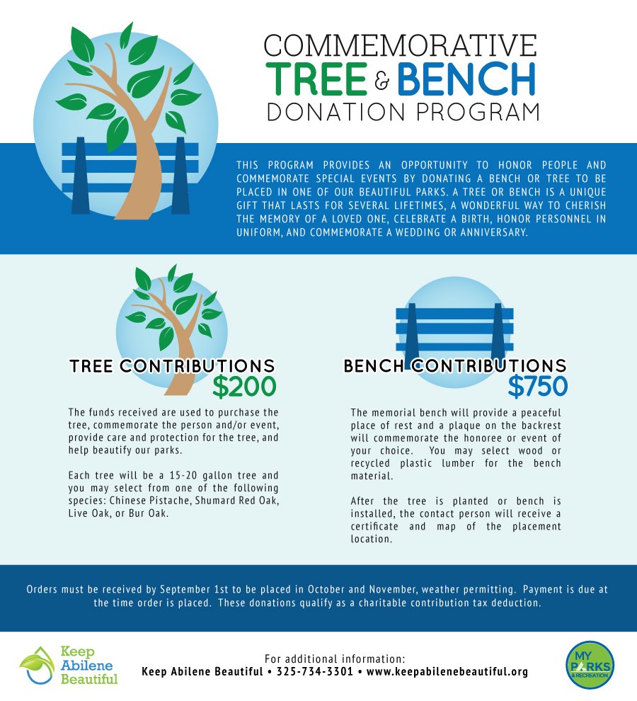 KAB_Abilene's tweet photo. A tree or a bench is a wonderful way to cherish the memory of a loved one, celebrate a birth, honor personnel in uniform, and commemorate a wedding or anniversary. Call us at 325-734-3301 to find out how to donate a commemorative tree or bench in an Abilene park. 🌲❤️ 🌳 https://t.co/B8qwDjU8hR