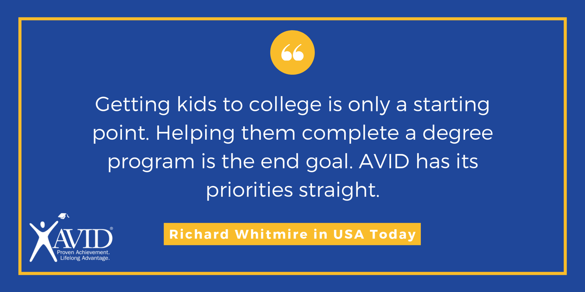 AVID4College's tweet photo. AVID’s mission is to close the achievement gap by preparing students for success in college. New data show that AVID students are not only going to college but are graduating at far higher rates than national peers. #ThisIsAVID @USATODAY @richardwhitmir https://t.co/aKZ59aFtya https://t.co/8wxnOa3AaP